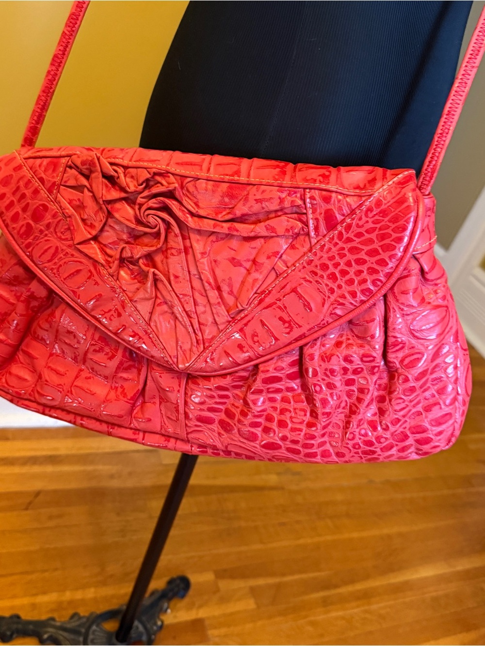 Women's Red Croc-Embossed Shoulder Bag with Rosette Accent